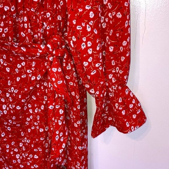 Women’s Red Floral Mock Wrap Knee Length Long Sleeve Lightweight Dress Size L - Picture 3 of 7